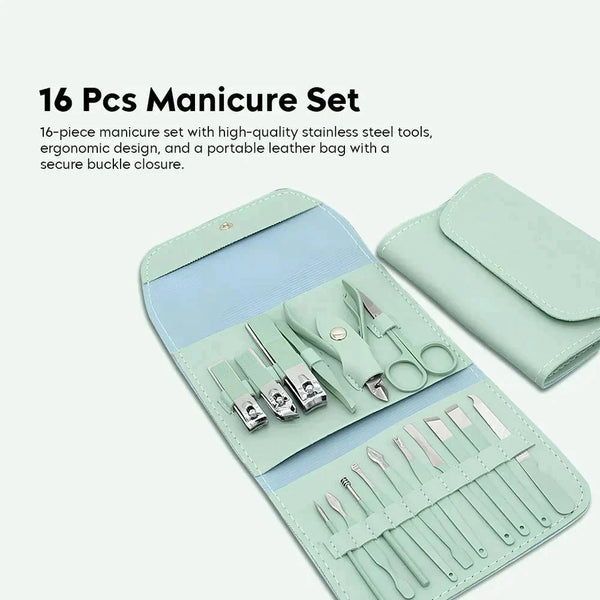 16 In 1 Portable Nail Care Kit With Leather Pouch 💼 (High-Quality)!