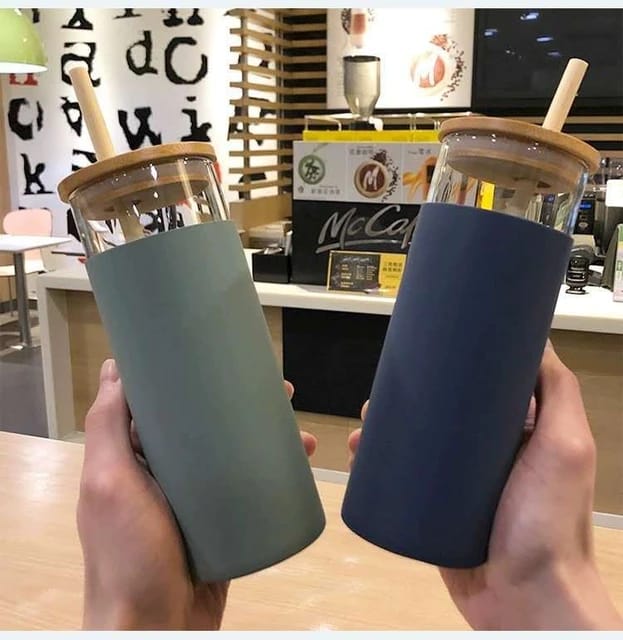 Glass Sipper With Bamboo Lid Straw | Free Silicon Sleeve