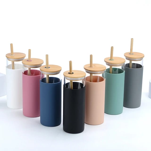 Glass Sipper With Bamboo Lid Straw | Free Silicon Sleeve