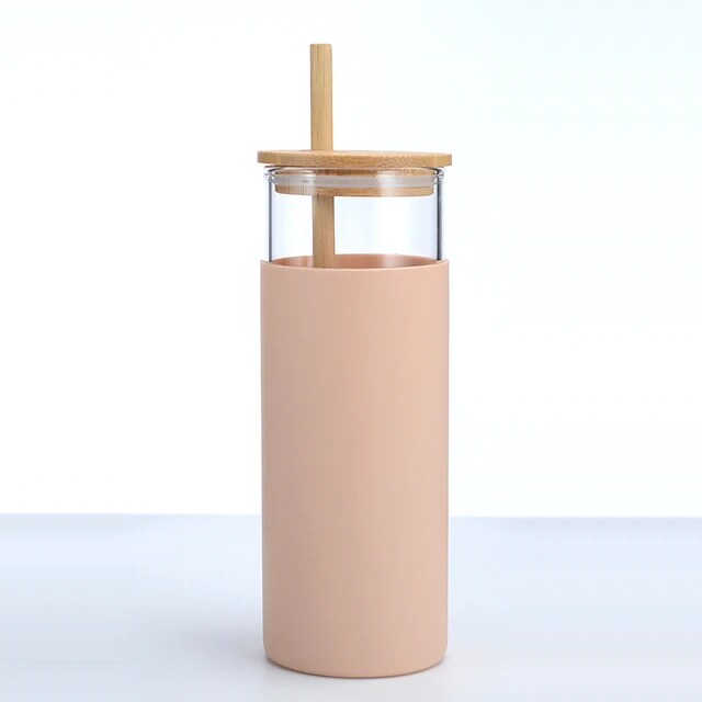 Glass Sipper With Bamboo Lid Straw | Free Silicon Sleeve